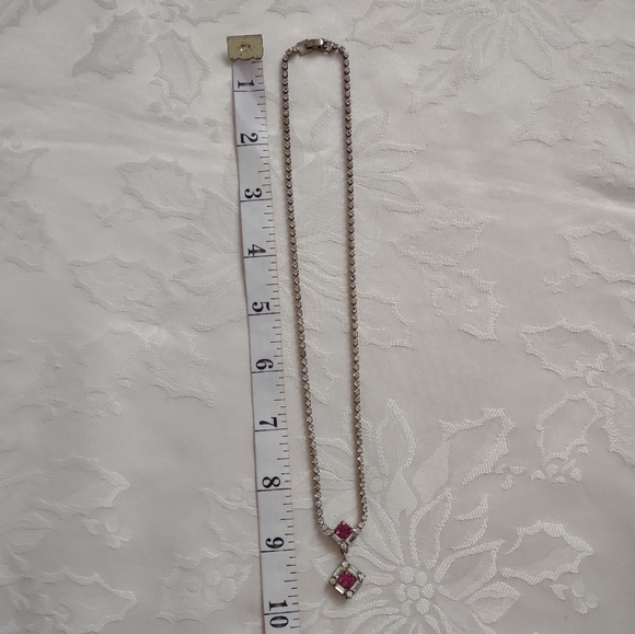 Art deco fine jewelry prong set crystals ruby pendant costume necklace silvetone - Picture 7 of 10